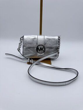 Michael Kors Women's Silver Metallic Crossbody Bag Chain Strap Logo Accent Small